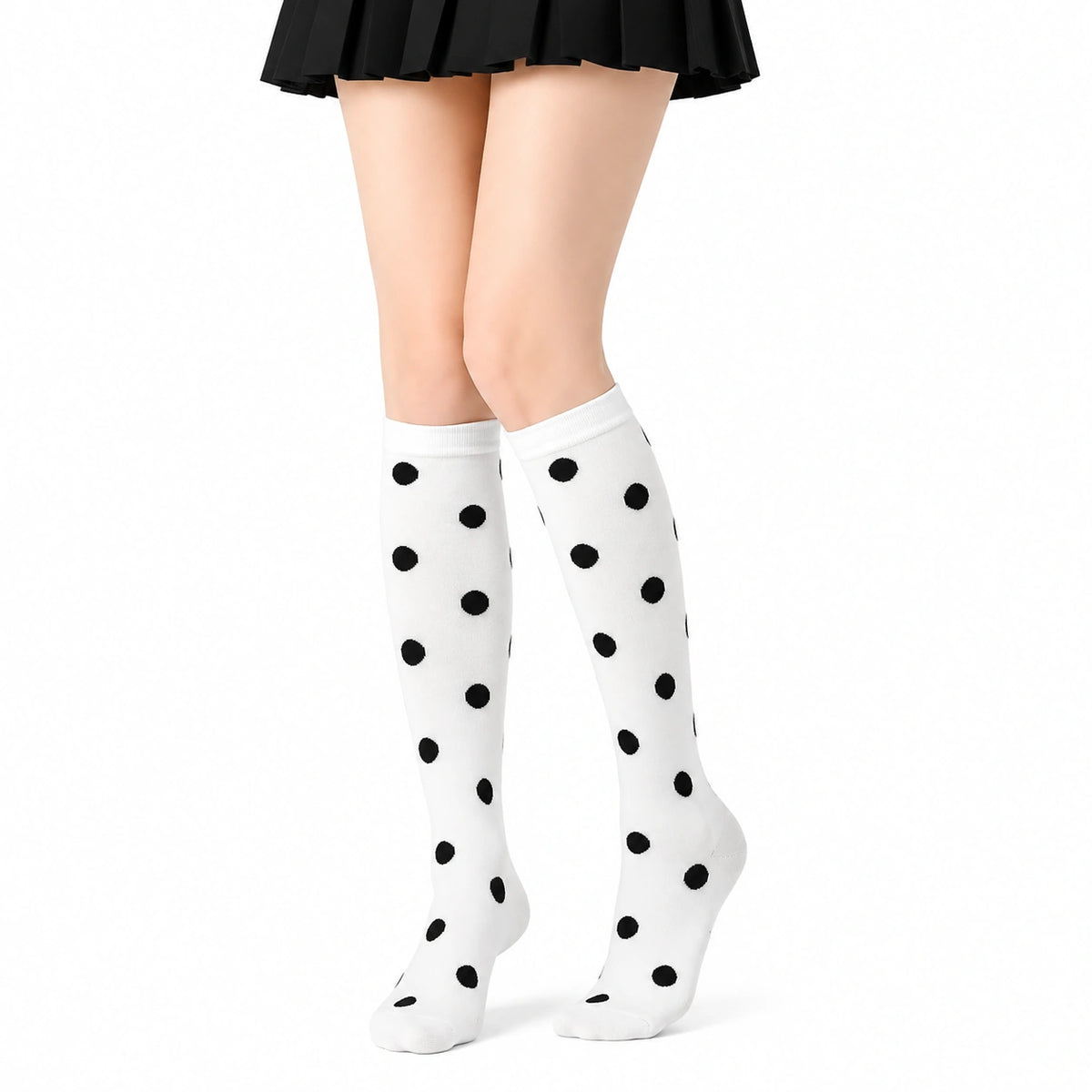 Chaussettes hautes 35-38 en maille blanche à pois noirs style classique