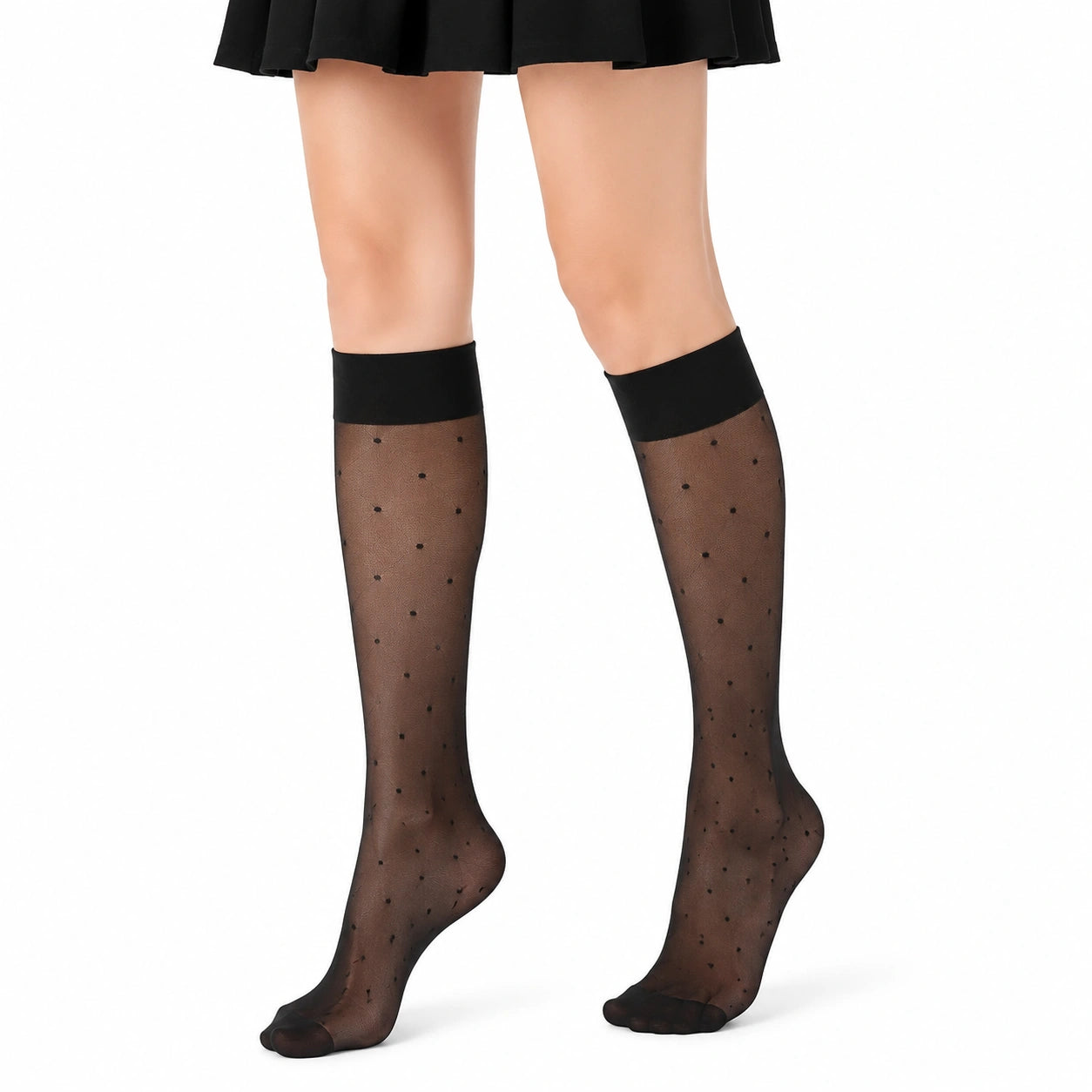 Chaussettes hautes femme 39-42 en maille noire à pois style transparent
