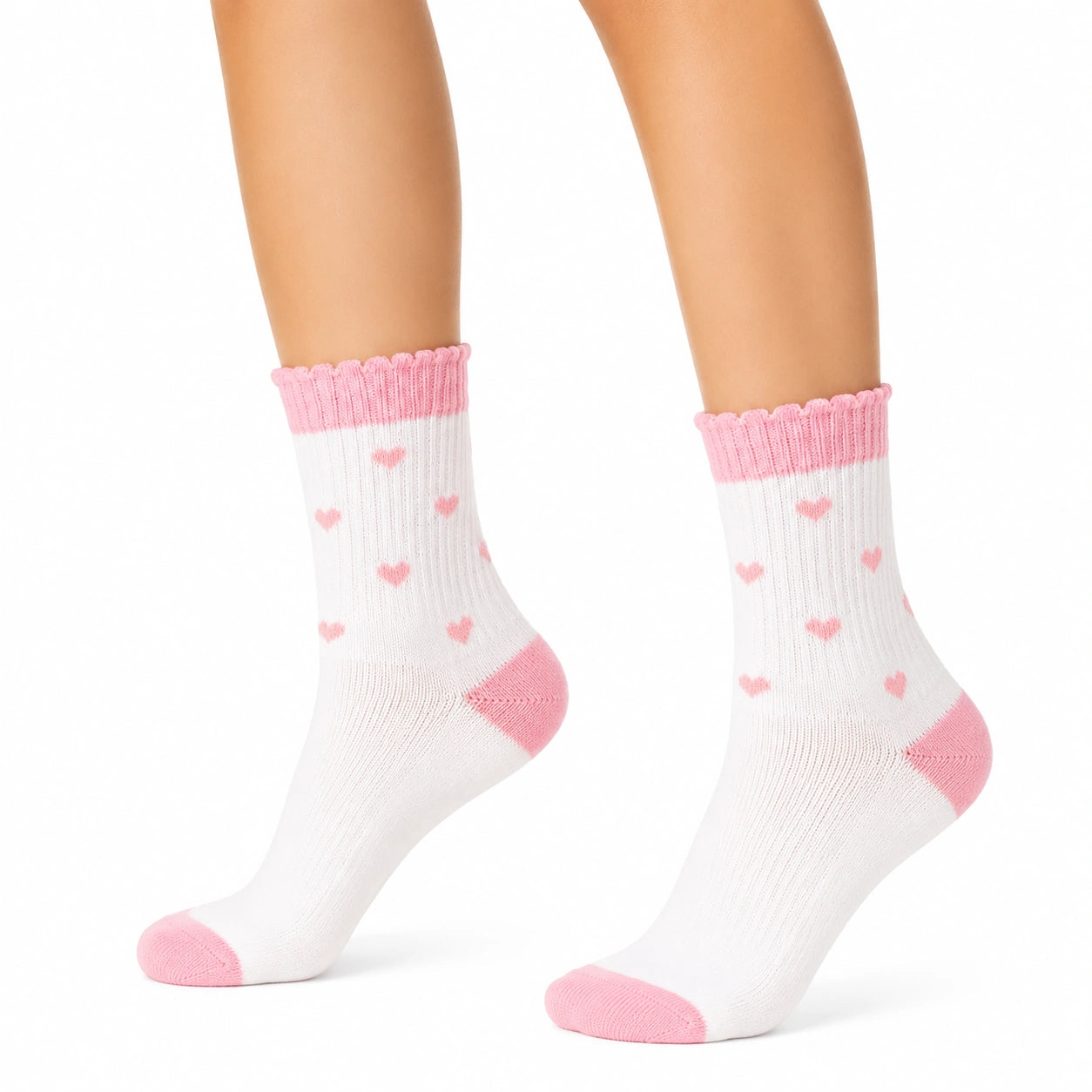 Chaussettes 39-42 en maille blanche et rose à cœurs style côtelé