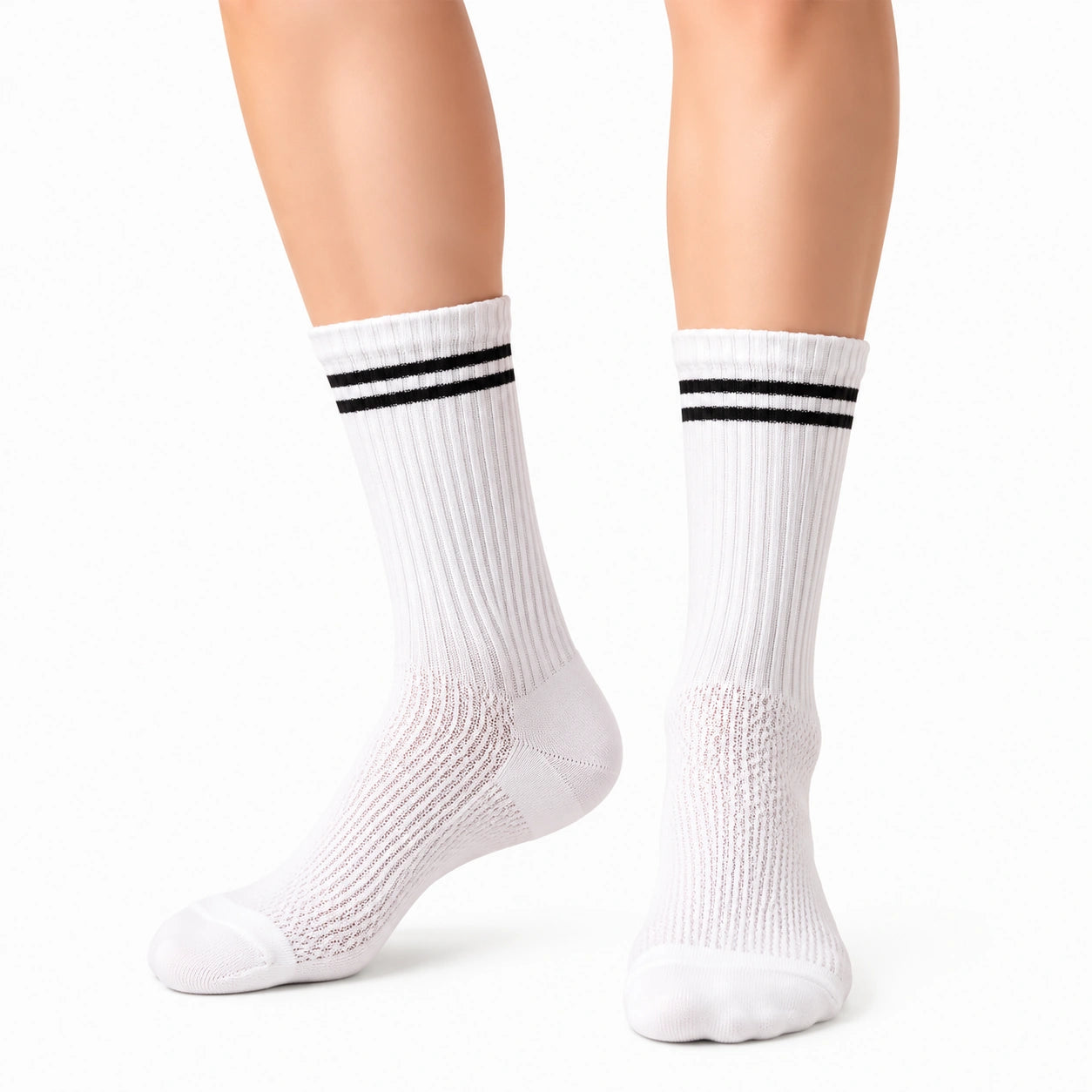 Chaussettes mi-mollet 43-46 en maille blanche à rayures noires pour sport style rétro