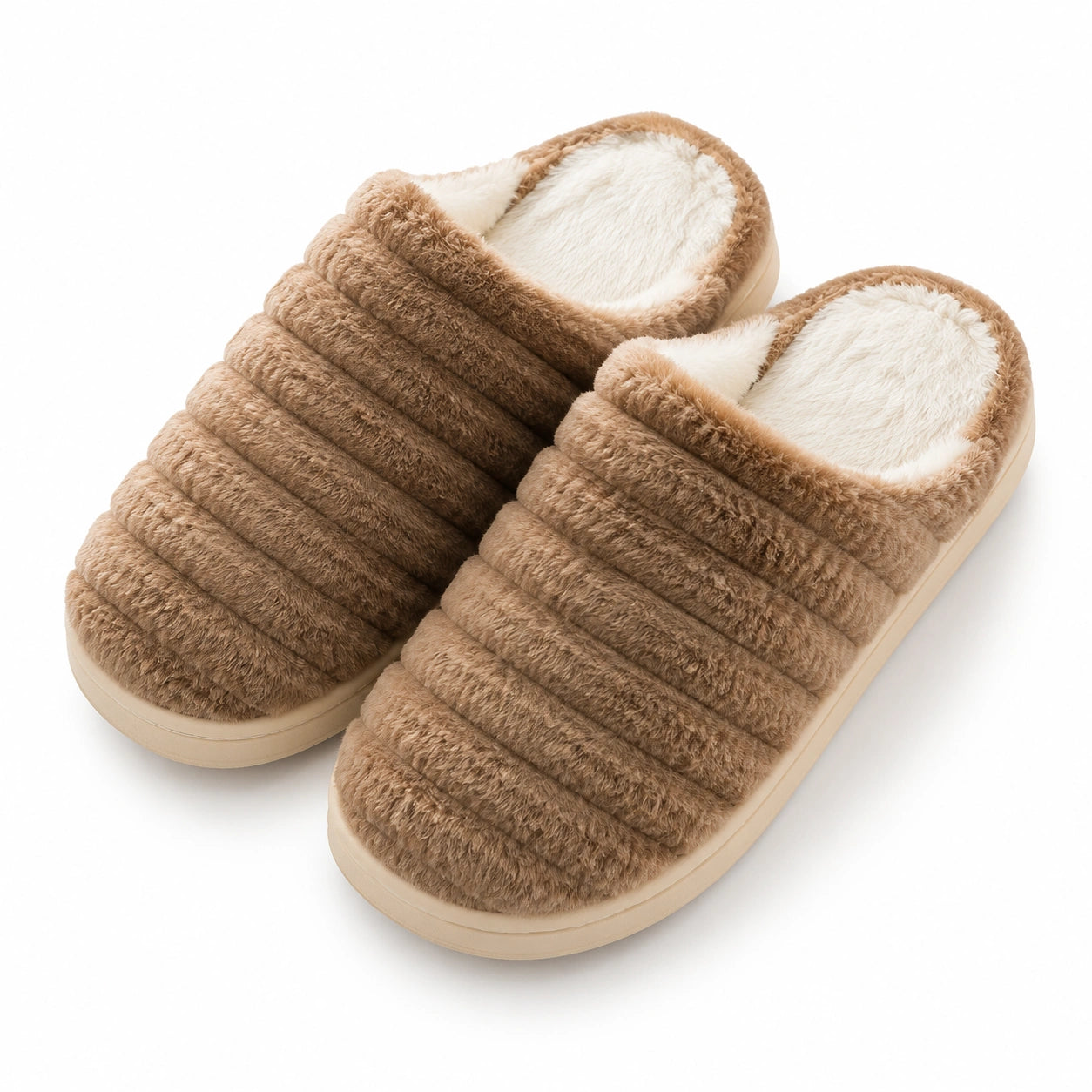 Chaussons 36/37 en textile peluche marron et blanc pour intérieur style mule